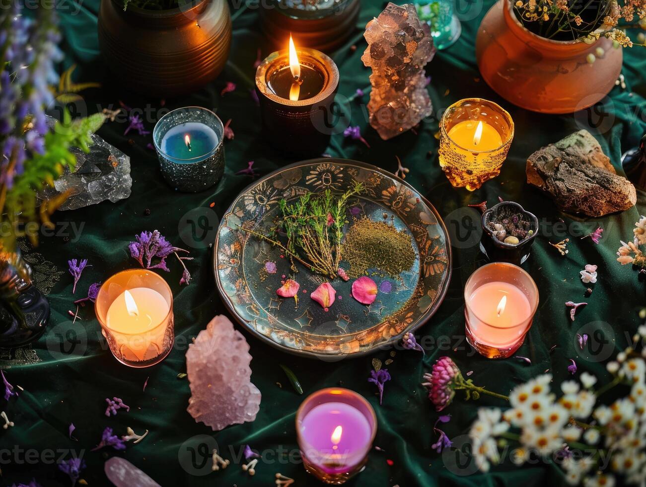 AI generated mystical atmosphere, plate with herbs candles and crystals photo