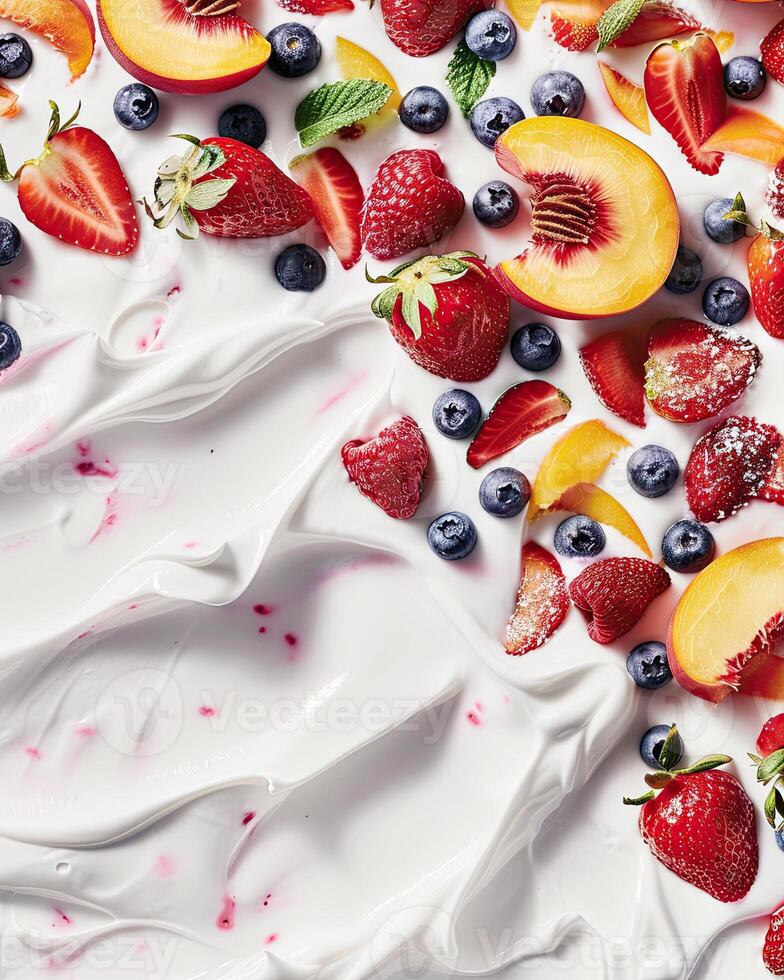 AI generated background with yogurt, strawberries, peaches and blueberries photo