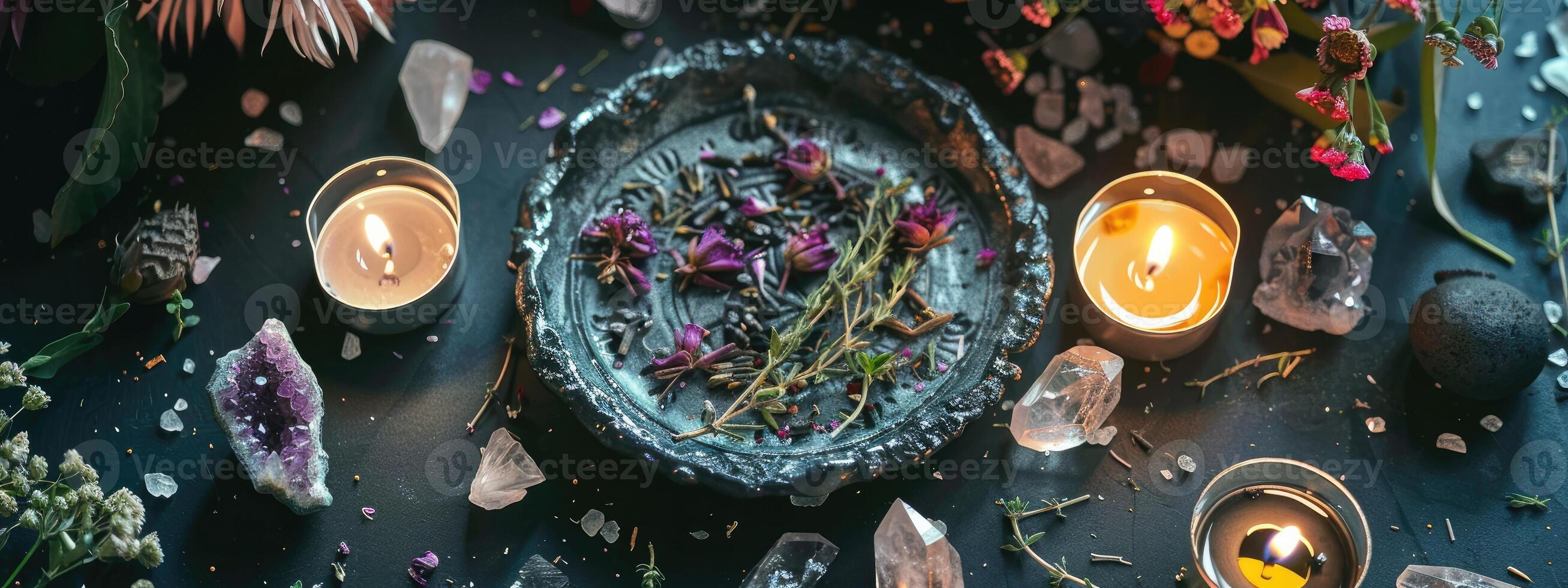 AI generated mystical atmosphere, plate with herbs candles and crystals photo
