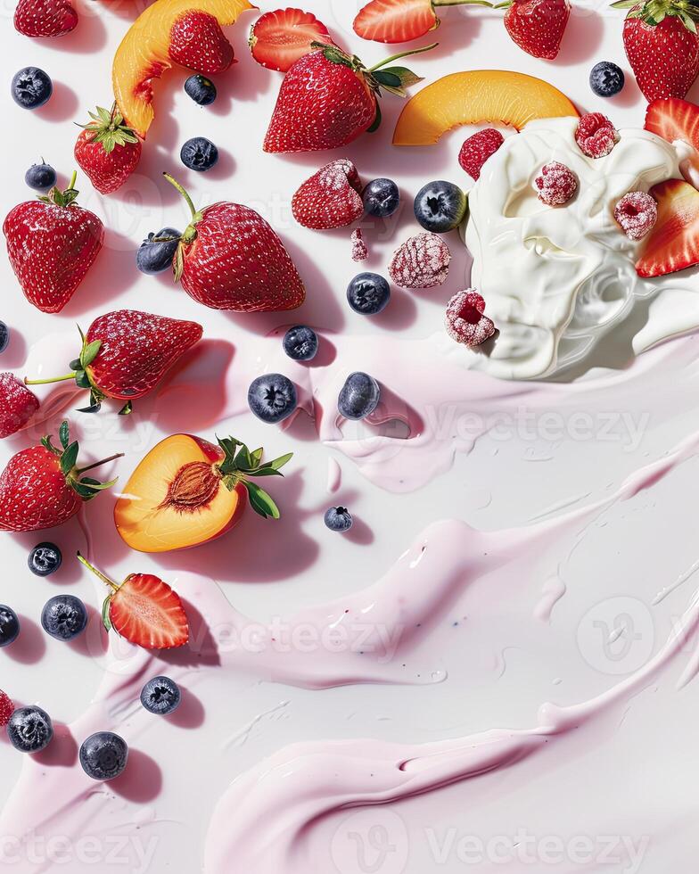 AI generated background with yogurt, strawberries, peaches and blueberries photo