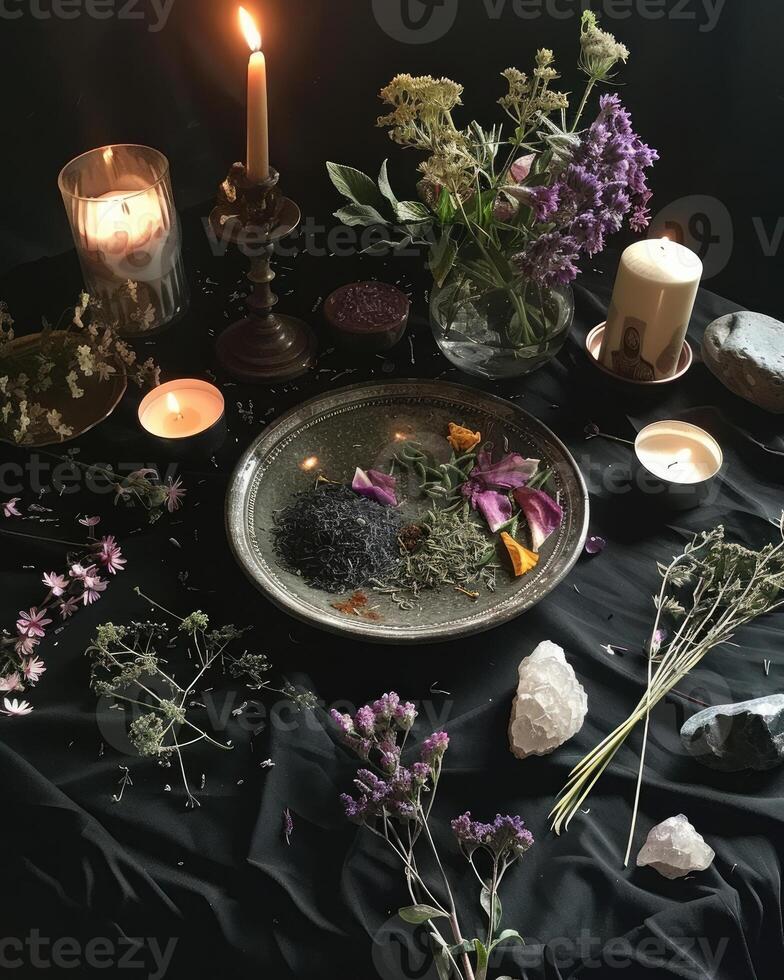 AI generated mystical atmosphere, plate with herbs candles and crystals photo