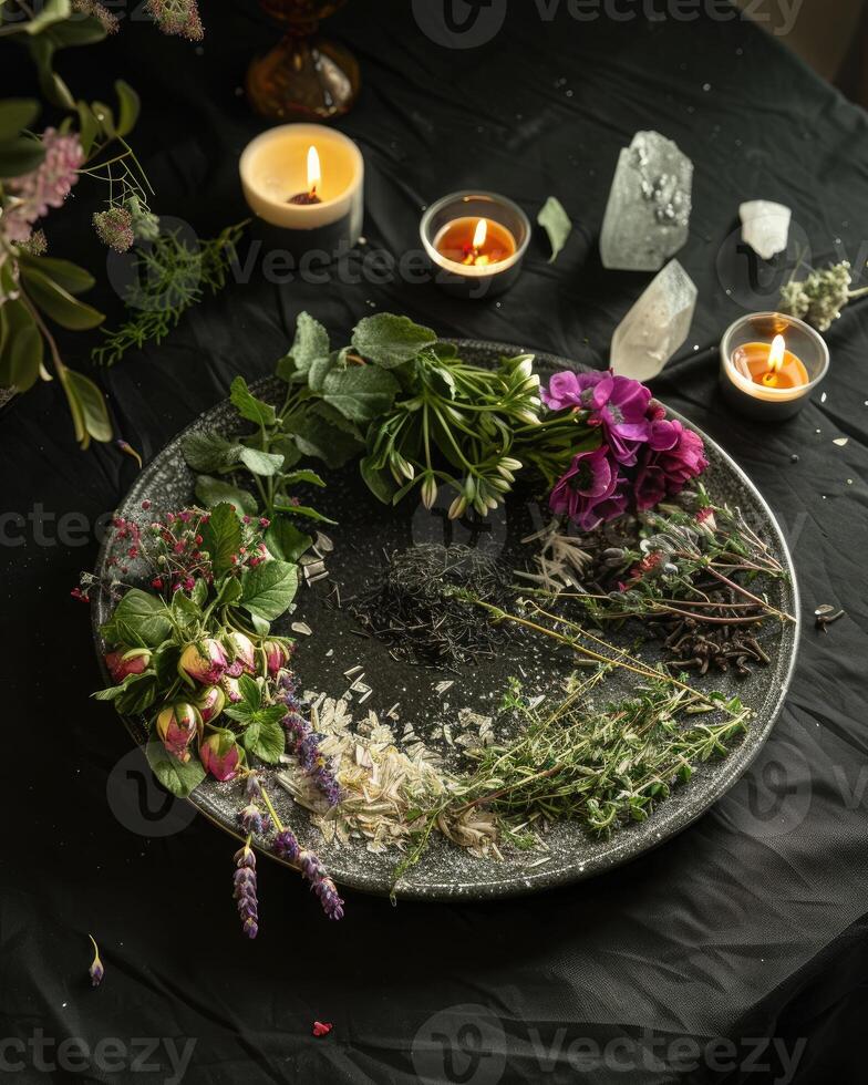 AI generated mystical atmosphere, plate with herbs candles and crystals photo