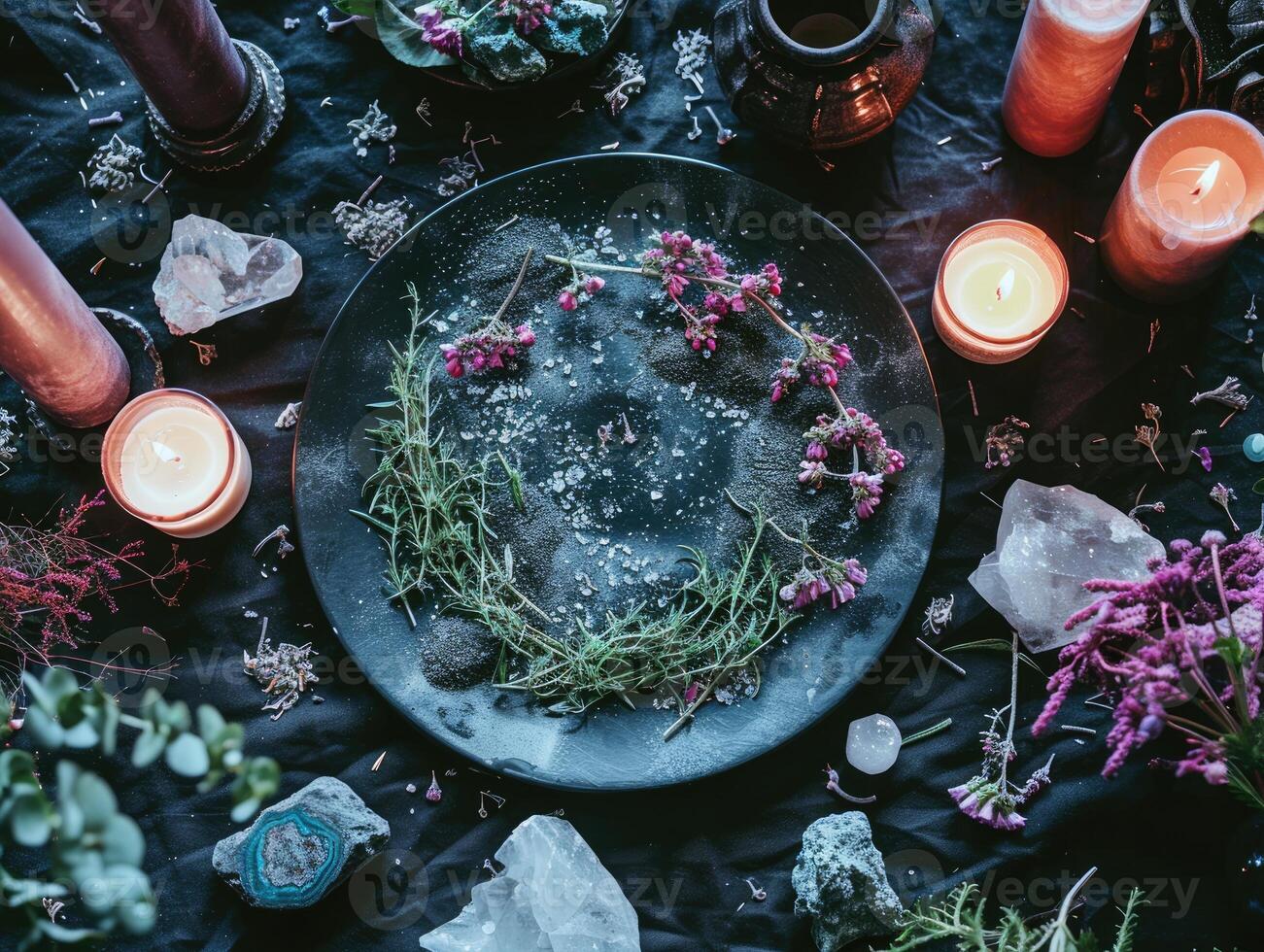 AI generated mystical atmosphere, plate with herbs candles and crystals photo