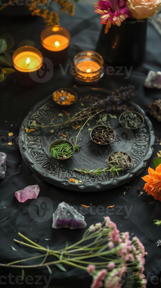 AI generated mystical atmosphere, plate with herbs candles and crystals photo