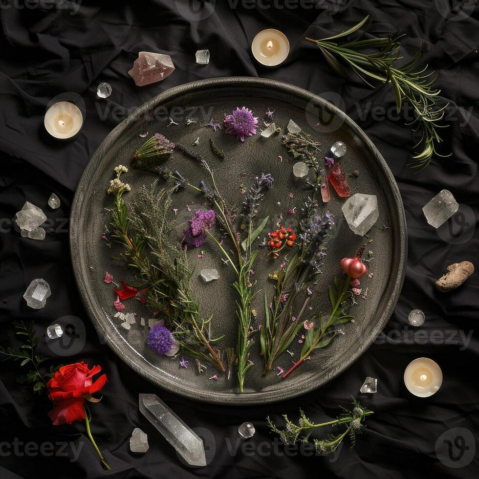 AI generated mystical atmosphere, plate with herbs candles and crystals photo