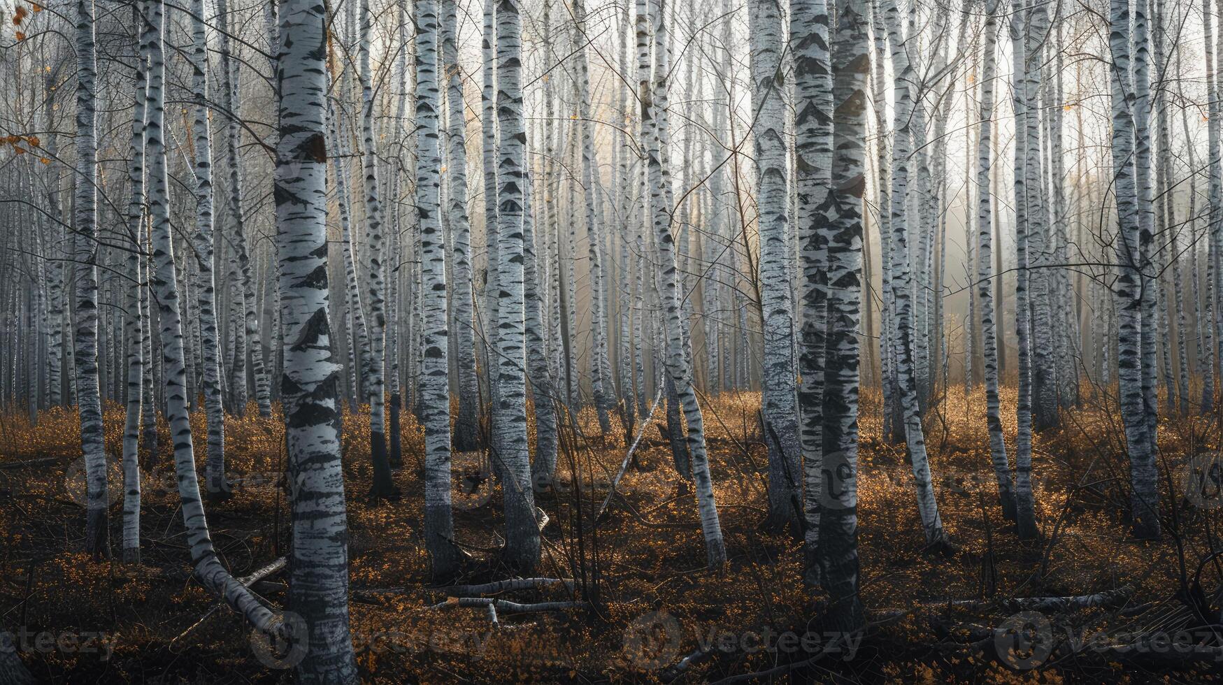 AI generated A relaxing forest of white birches photo