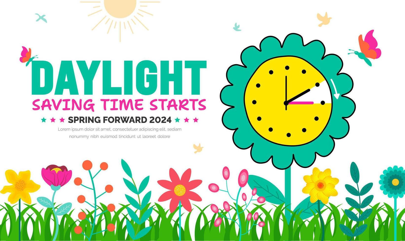 Spring Forward  2024 banner background with flower and grass. Daylight Saving Time Starts background with cartoon doodle style with funny clock flower. schedule of changing clocks at march 10 vector