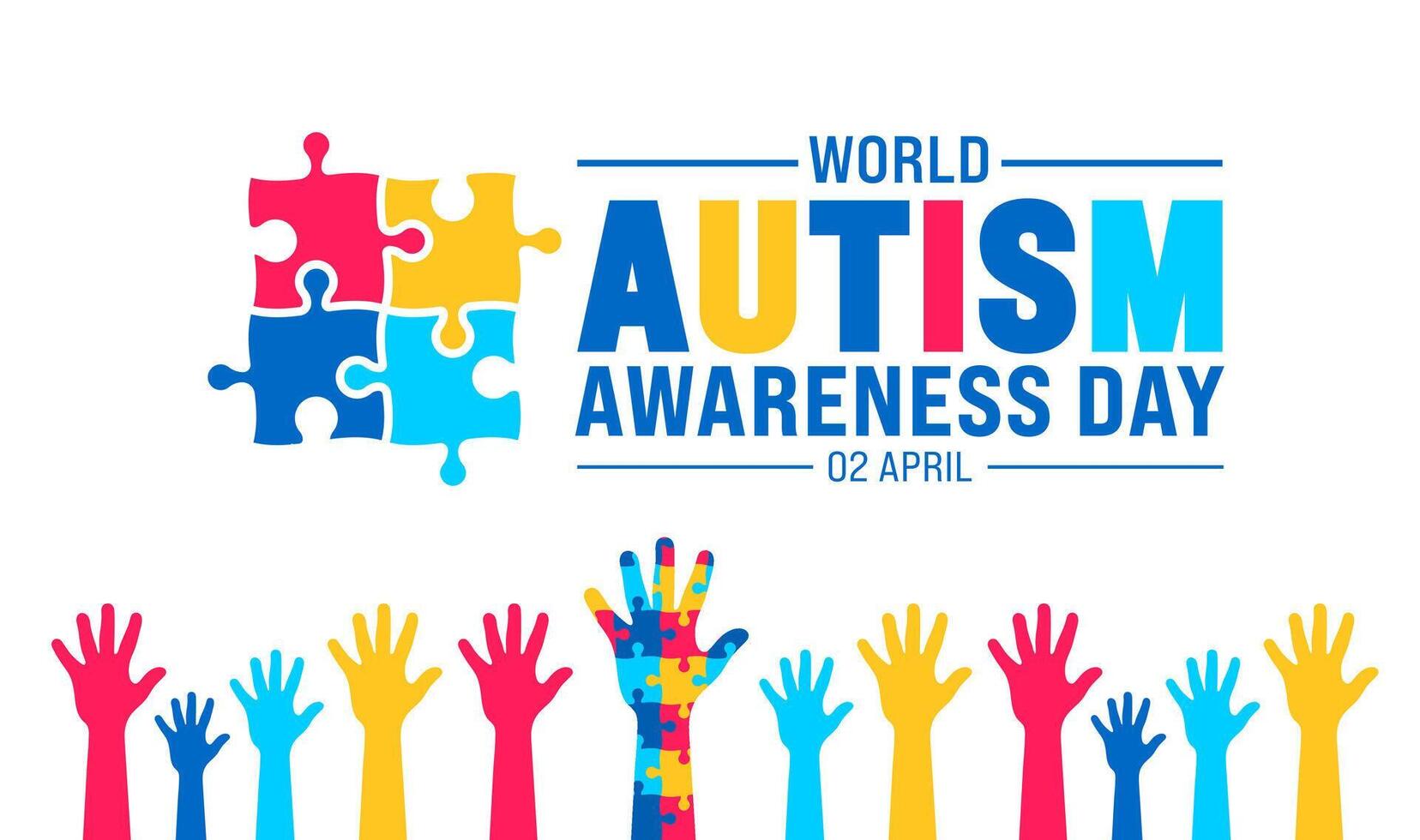 2 April world Autism Awareness Day colorful Puzzle banner design template. Autism Awareness Day colorful kids raising hand background design template. vector