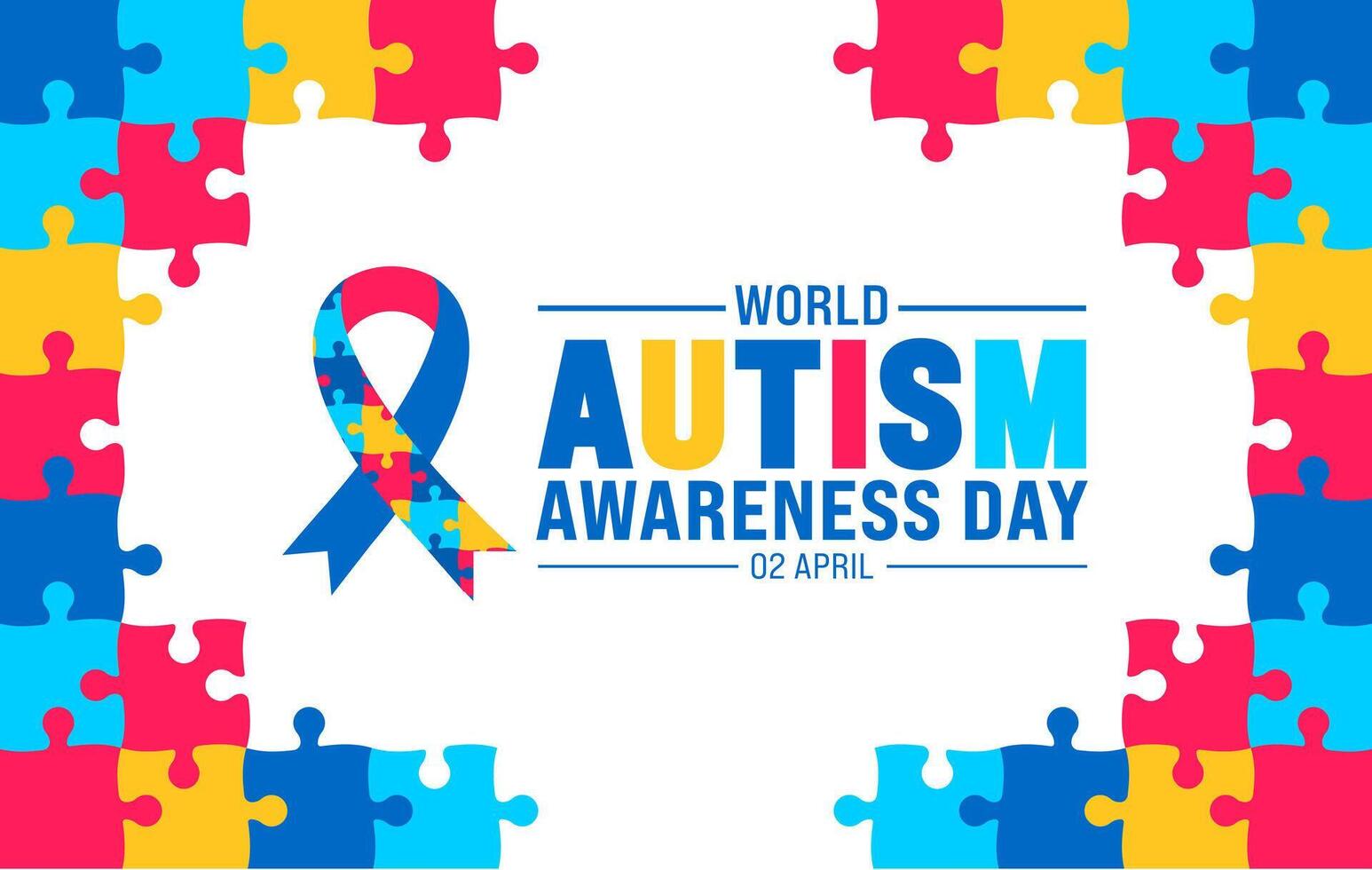 2 April world Autism Awareness Day colorful Puzzle icon with puzzle Awareness Ribbon banner or background design template. vector