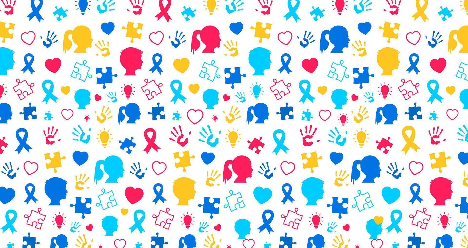 Autism Awareness Day concept colorful kids hand together, boy head, girl head, puzzle piece, Child handprint, love icon and awareness ribbon seamless pattern background. vector