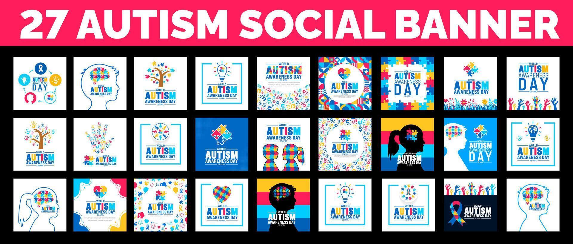 27 grande mega haz de autismo conciencia día social medios de comunicación enviar bandera diseño. autismo conciencia día bandera o antecedentes grande conjunto con rompecabezas pedazo, niño mano, cinta, amor icono, niño chica, chico vector. vector