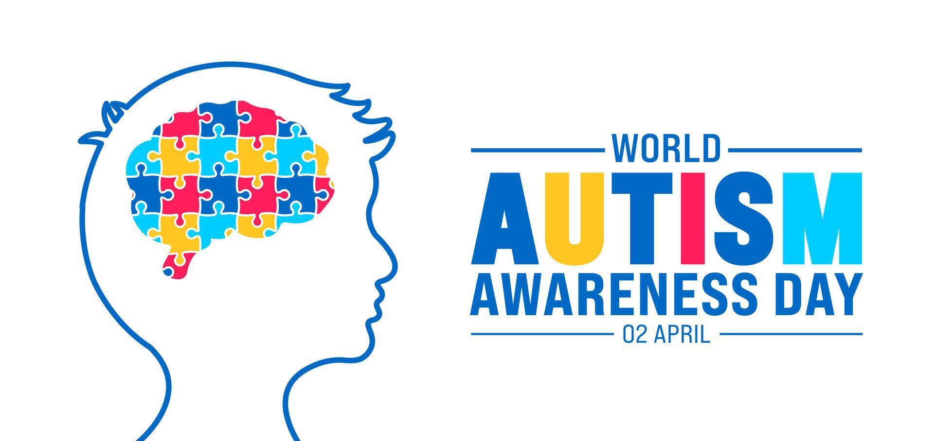2 abril mundo autismo conciencia día chico niño cabeza con vistoso rompecabezas cerebro bandera diseño modelo. vector ilustración.