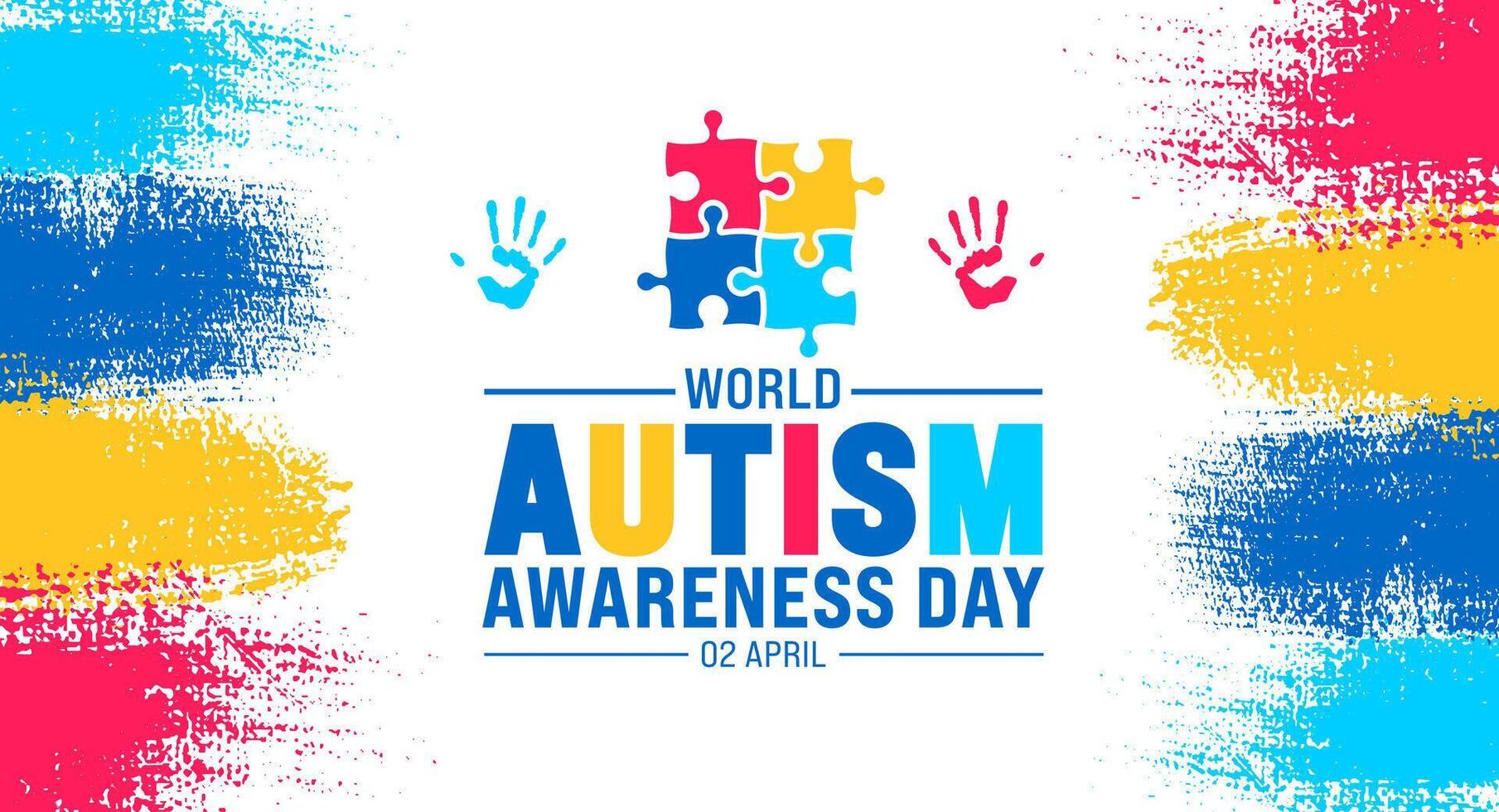 2 April world Autism Awareness Day colorful ink paint brush stroke texture with Puzzle piece banner or background design template. vector