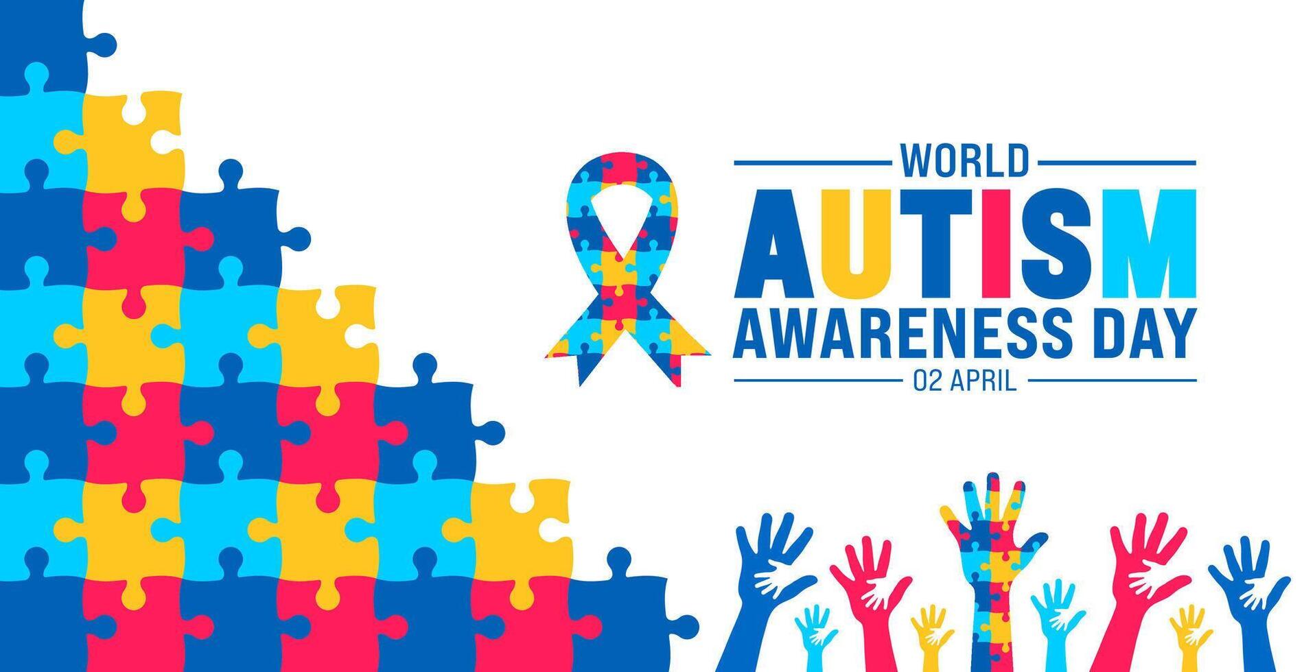 2 abril mundo autismo conciencia día vistoso rompecabezas icono con rompecabezas conciencia cinta bandera o antecedentes diseño modelo. vector
