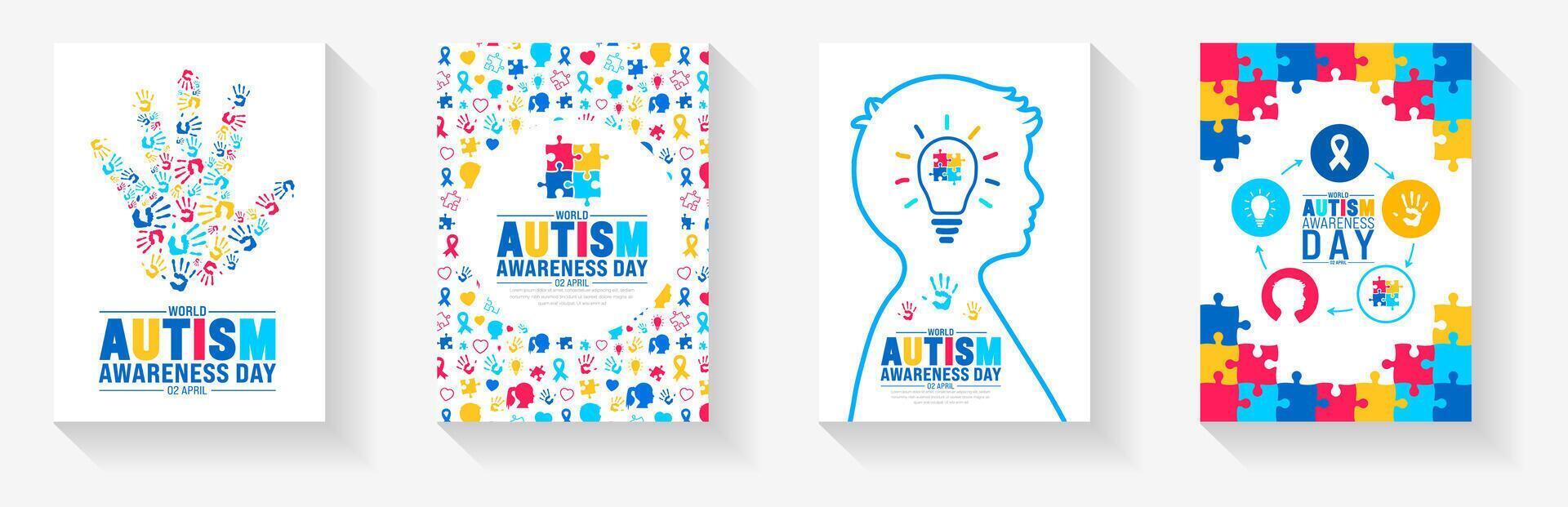 2 abril mundo autismo conciencia día libro cubrir diseño colocar. autismo conciencia día bandera o antecedentes haz con rompecabezas pedazo, niños levantamiento mano, niño mano, cinta, amor icono, niño chica, chico vector. vector