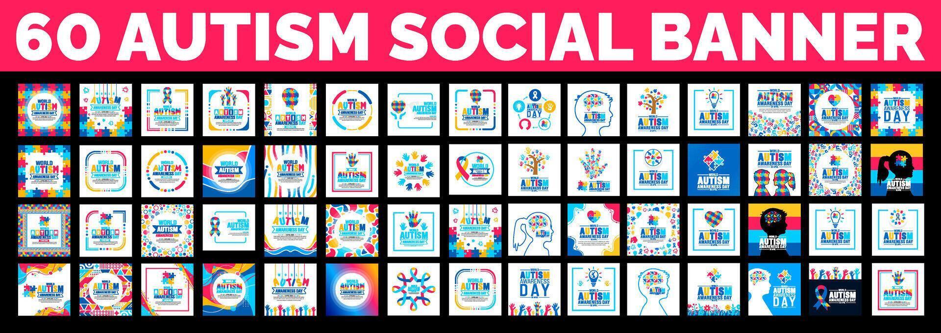 60 big mega bundle of Autism Awareness Day social media post banner design. Autism Awareness Day banner or background big set with puzzle piece, child hand, ribbon, love icon, child girl, boy vector. vector