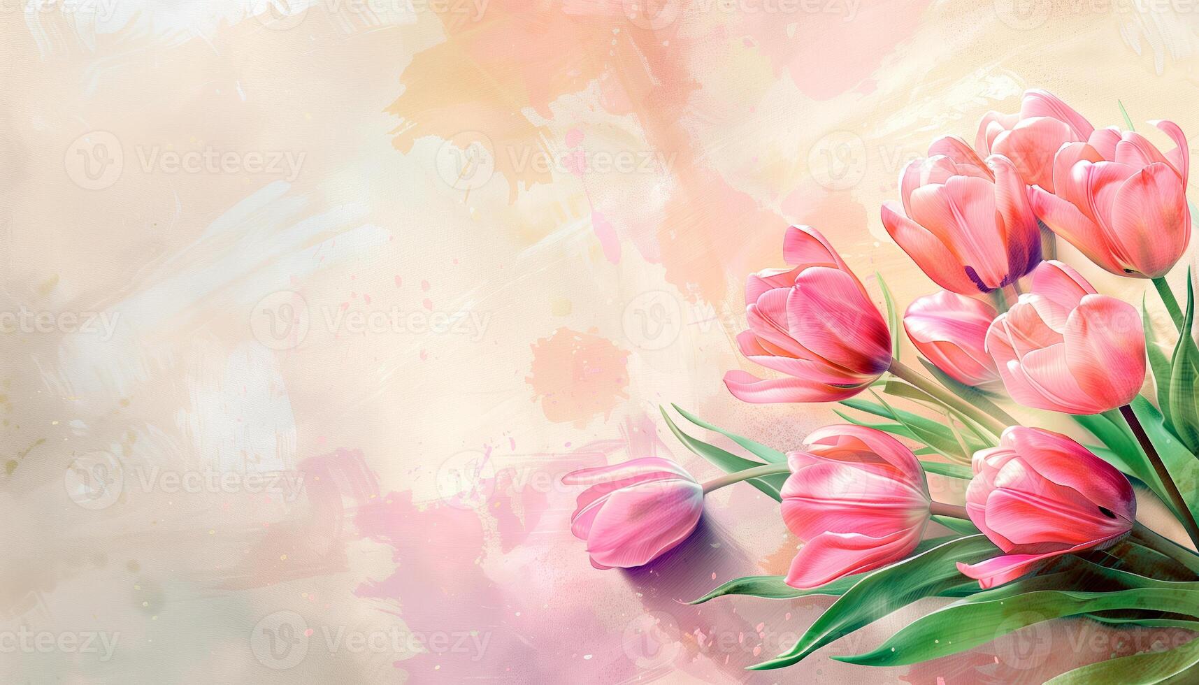 AI generated Digital watercolor illustration of beautiful pink tulips over colorful background with empty space for text or product presentation. photo