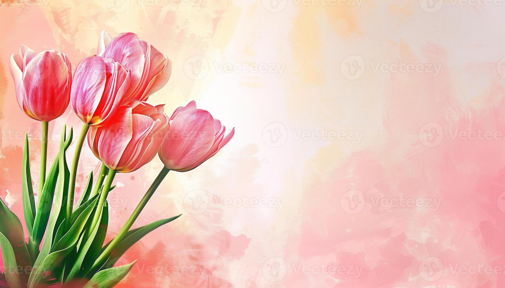 AI generated Digital watercolor illustration of beautiful pink tulips over colorful background with empty space for text or product presentation. photo