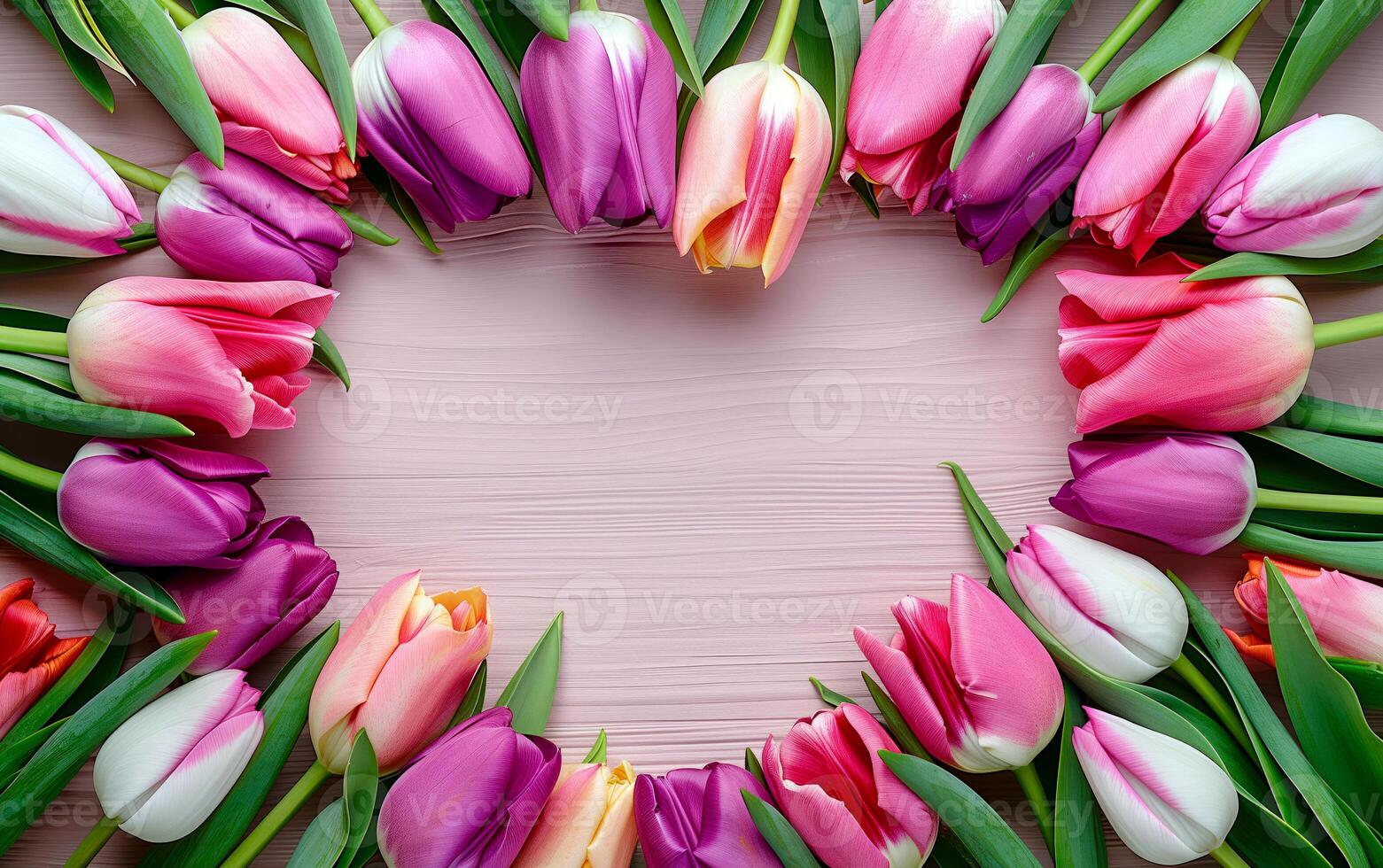 AI generated Bunch of pink tulips making a heart over pink background. Happy mother's day, San Valentine's day or romantic concept. photo