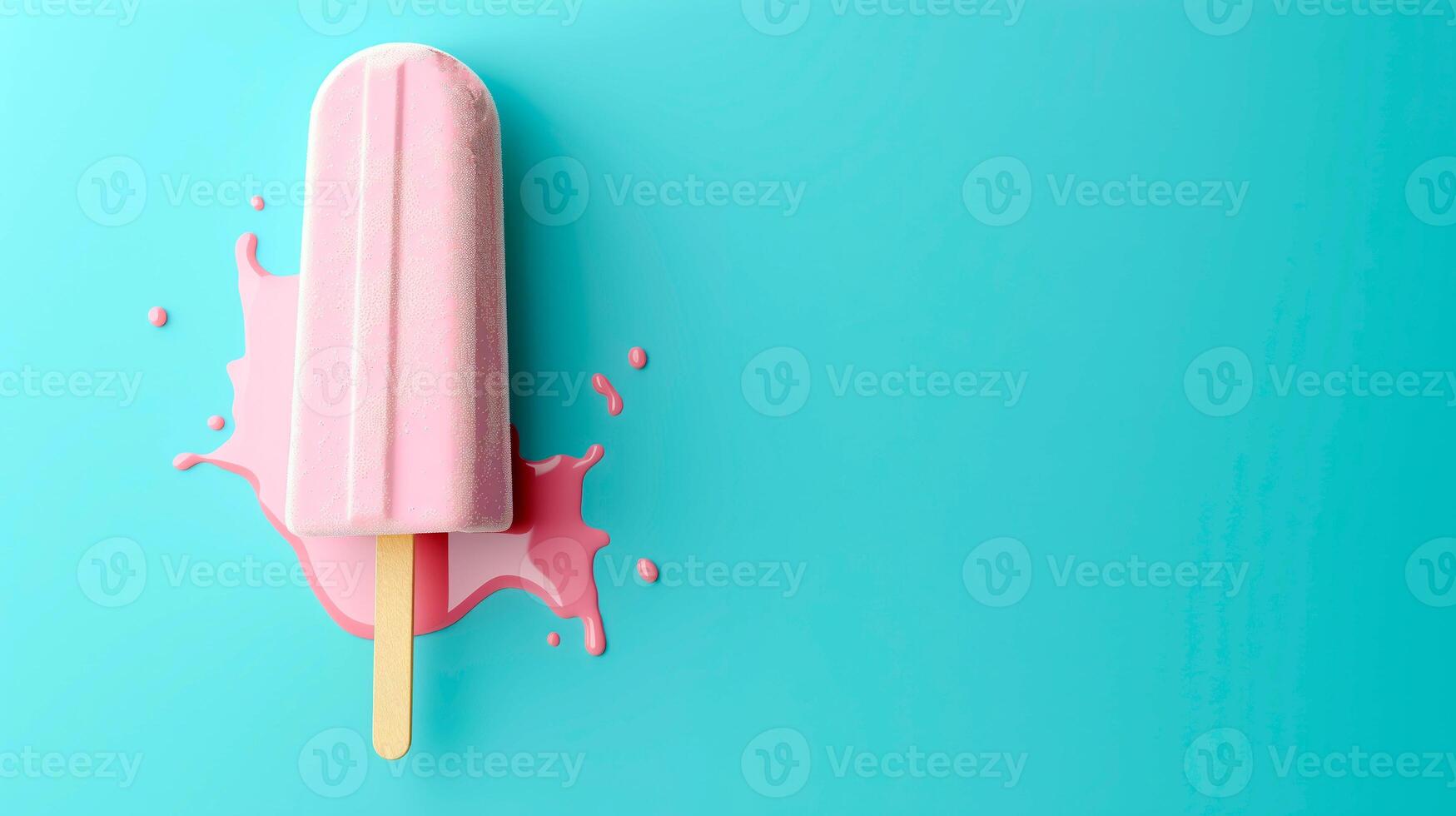 AI generated Pink stick ice cream melting over light blue background with empty space for text. Hot summer sales concept. 3D render illustration style. photo