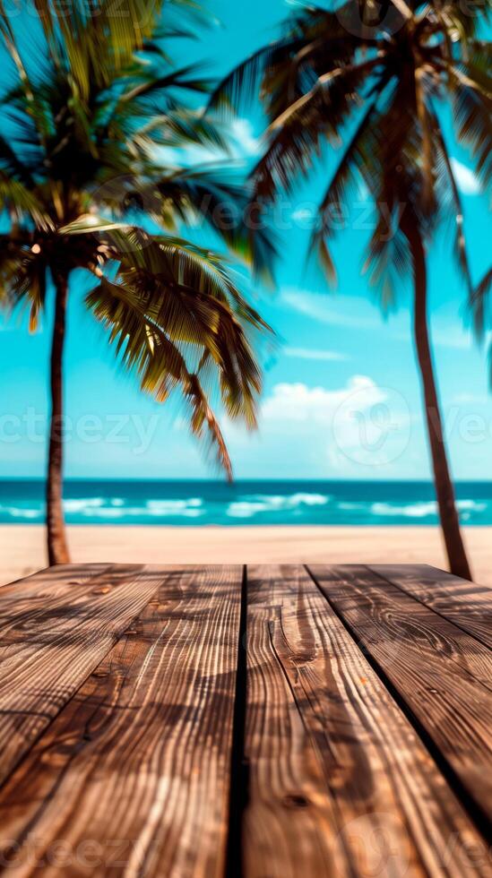 AI generated Wood tablet top on blue shiny beach summer with palm trees and empty space for text or product presentation. Hot summer sales concept. photo