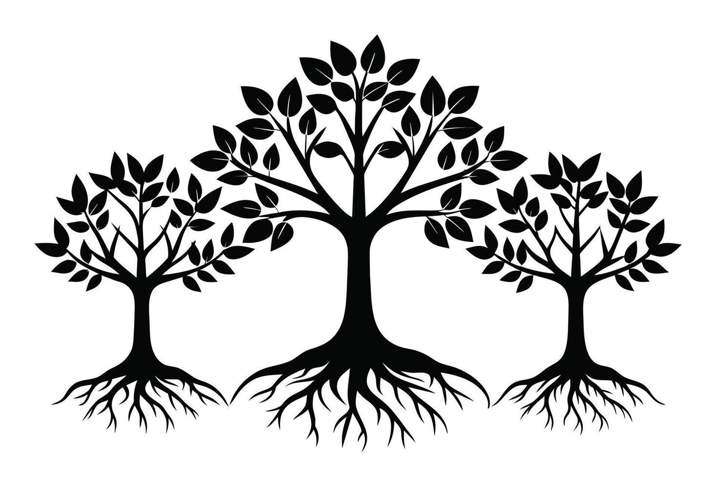 Black Trees with roots set isolated on white background vector