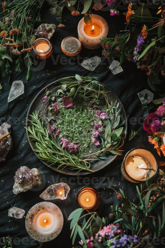 AI generated mystical atmosphere, plate with herbs candles and crystals photo