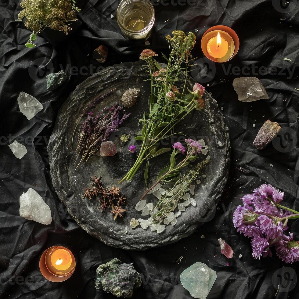 AI generated mystical atmosphere, plate with herbs candles and crystals photo