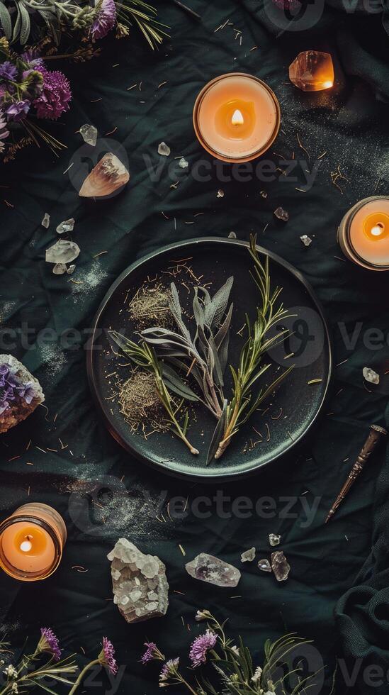 AI generated mystical atmosphere, plate with herbs candles and crystals photo