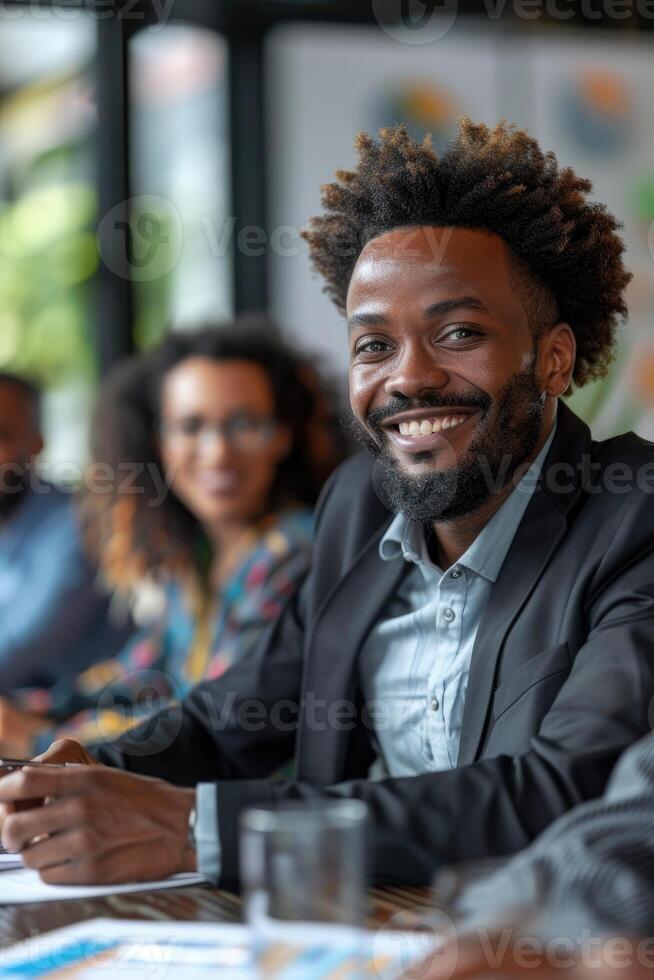 AI generated Smiling diverse colleagues gather in boardroom brainstorm photo