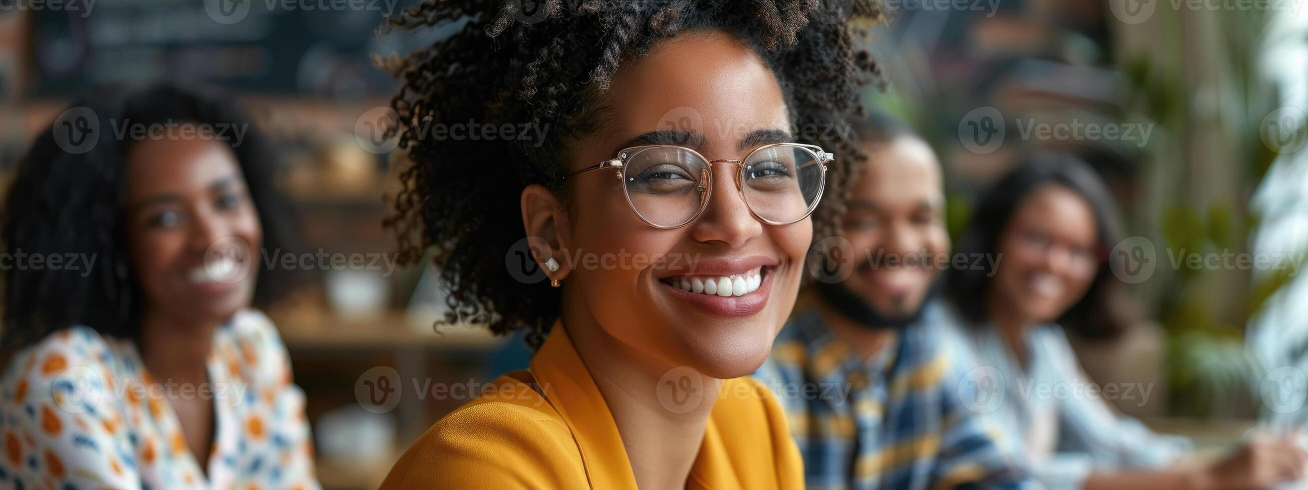 AI generated Smiling diverse colleagues gather in boardroom brainstorm photo
