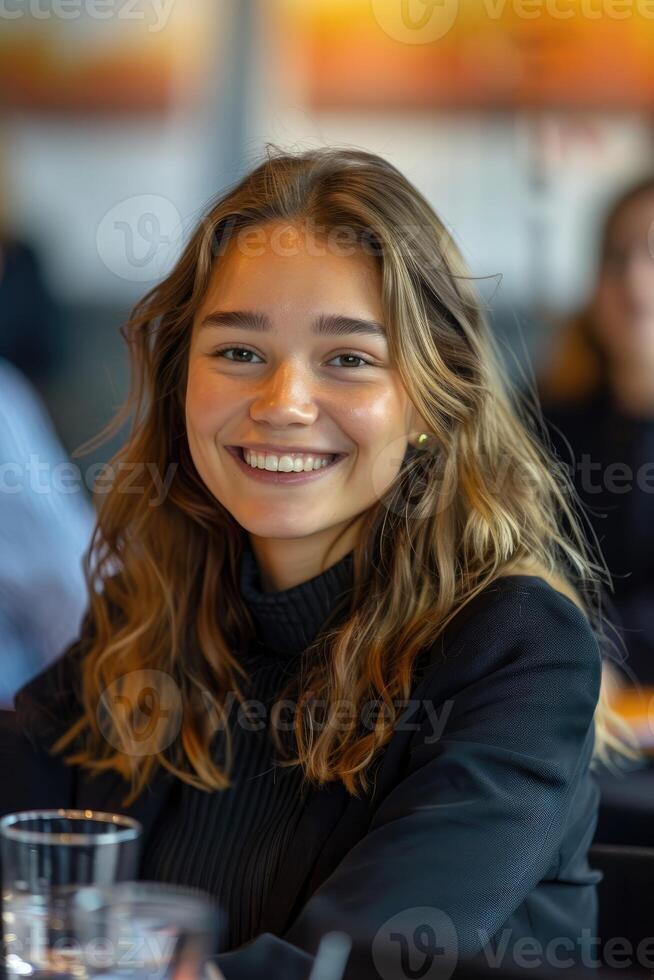 ai generado sonriente diverso colegas reunir en sala del consejo idea genial foto