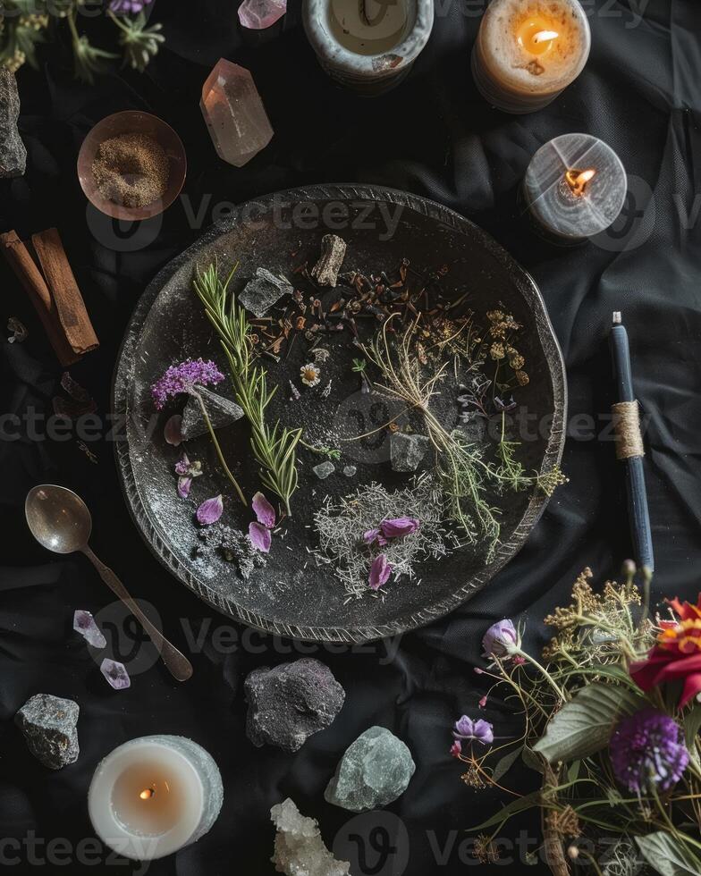 AI generated mystical atmosphere, plate with herbs candles and crystals photo
