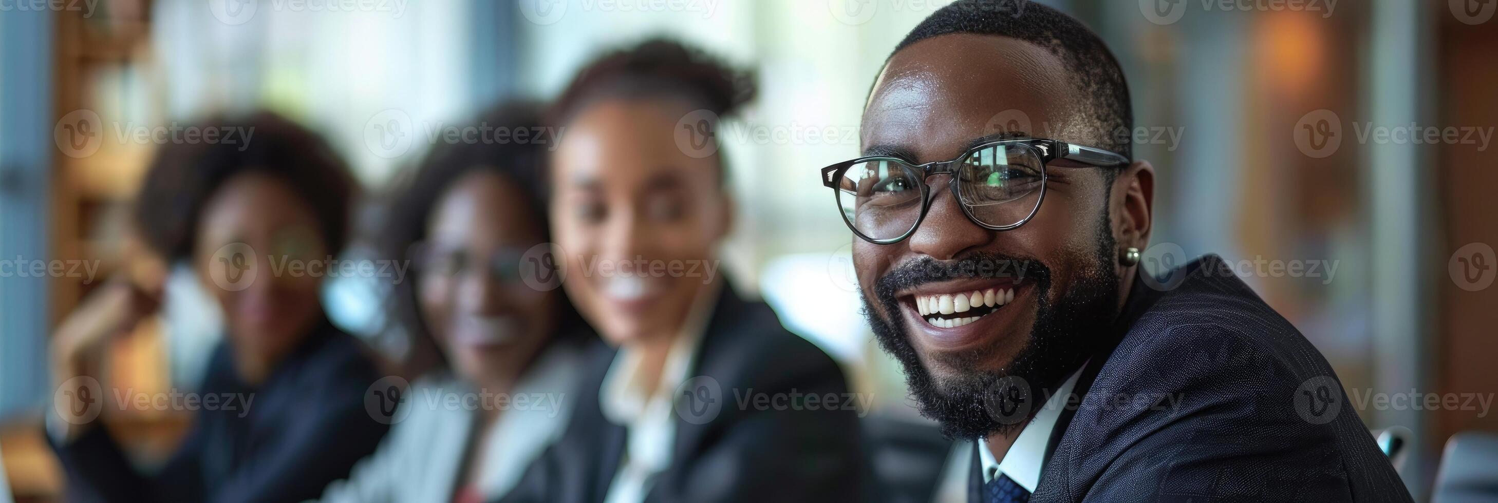 AI generated Smiling diverse colleagues gather in boardroom brainstorm photo