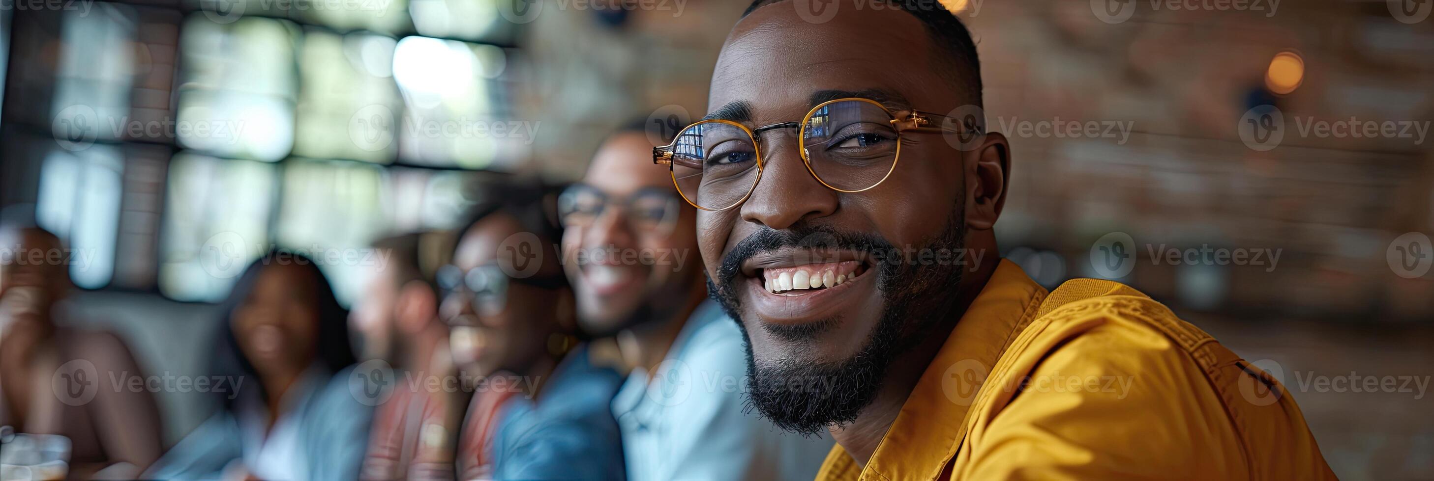 AI generated Smiling diverse colleagues gather in boardroom brainstorm photo