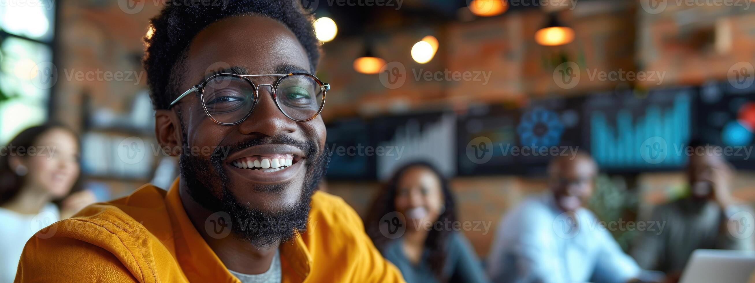 AI generated Smiling diverse colleagues gather in boardroom brainstorm photo