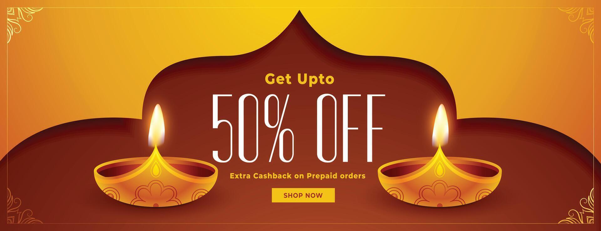 hindu festival diwali discount banner with details and glowing oil diya vector