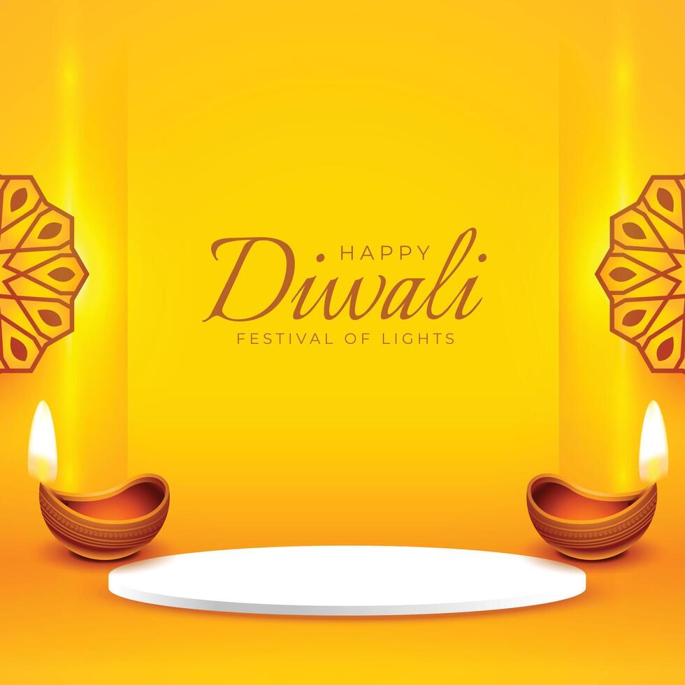 happy diwali poster with 3d podium and diya in yellow background vector illustration