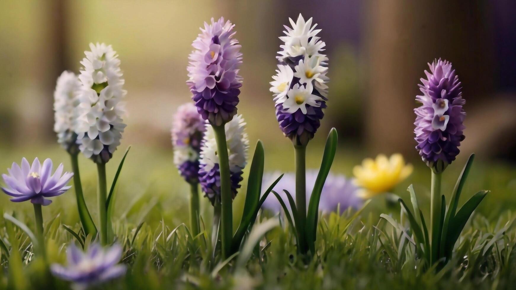 AI generated Spring flowers on green lawn, flooded with bright sunlight, blurred background. photo