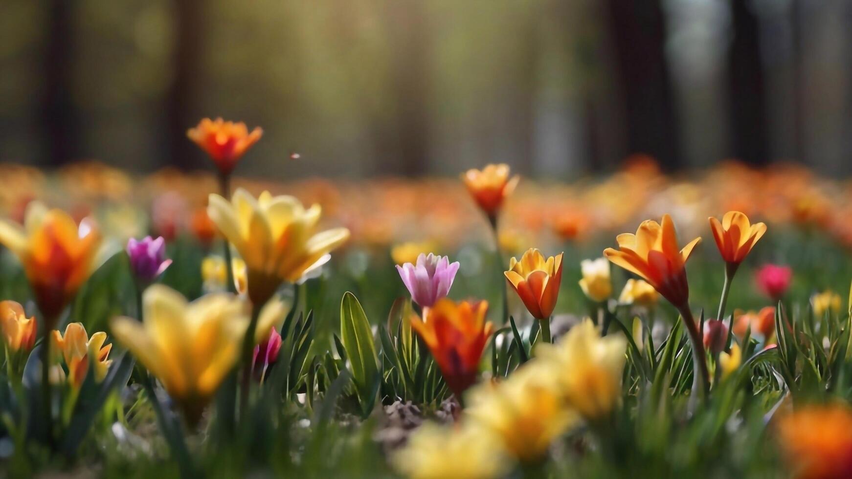 AI generated Spring flowers on green lawn, flooded with bright sunlight, blurred background. photo