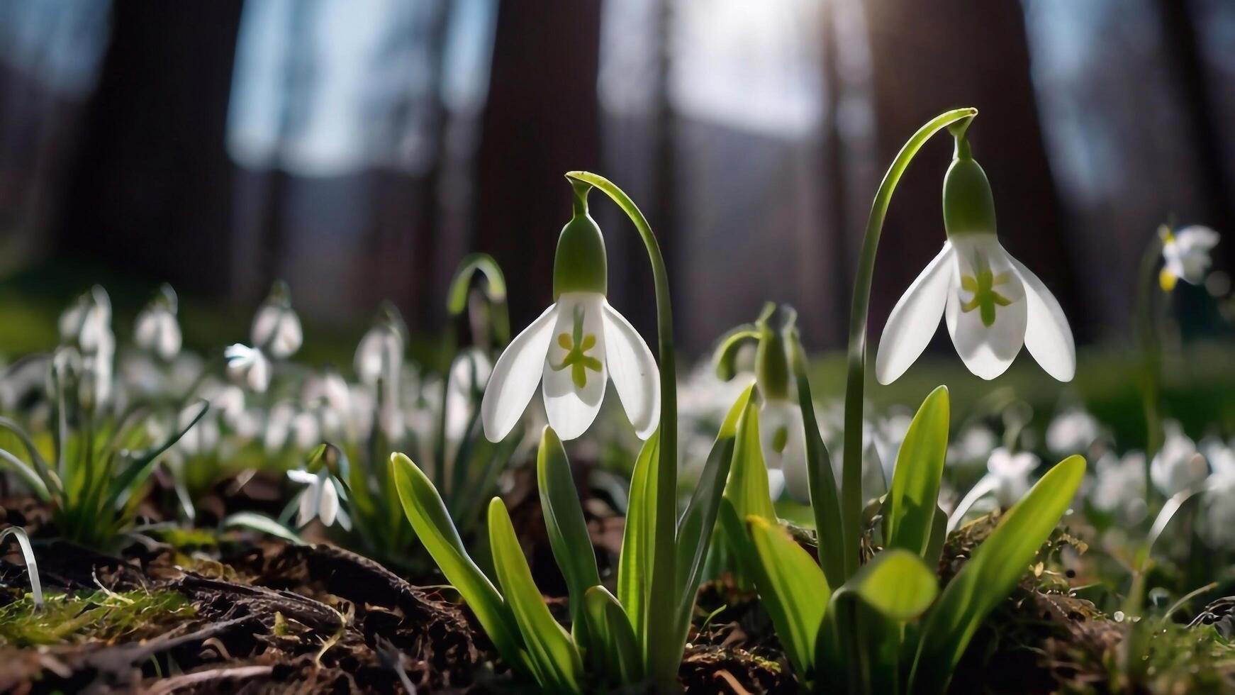 AI generated Spring flowers on green lawn, flooded with bright sunlight, blurred background. photo