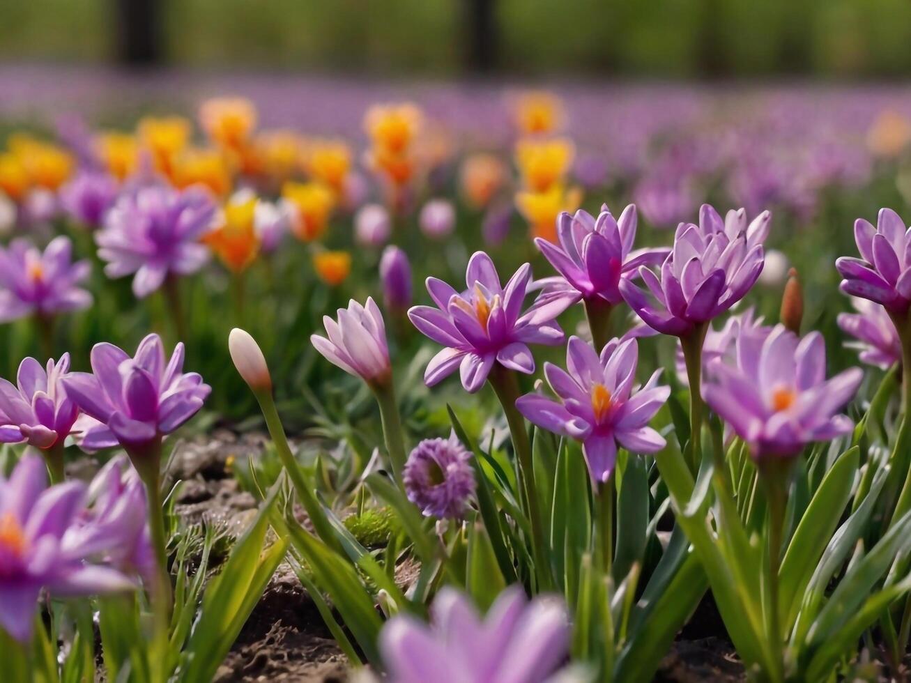 AI generated Spring flowers on green lawn, flooded with bright sunlight, blurred background. photo