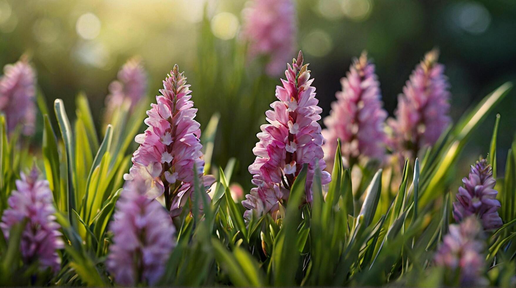 AI generated Spring flowers on green lawn, flooded with bright sunlight, blurred background. photo