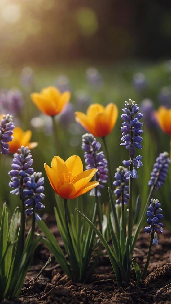 AI generated Spring flowers on green lawn, flooded with bright sunlight, blurred background. photo