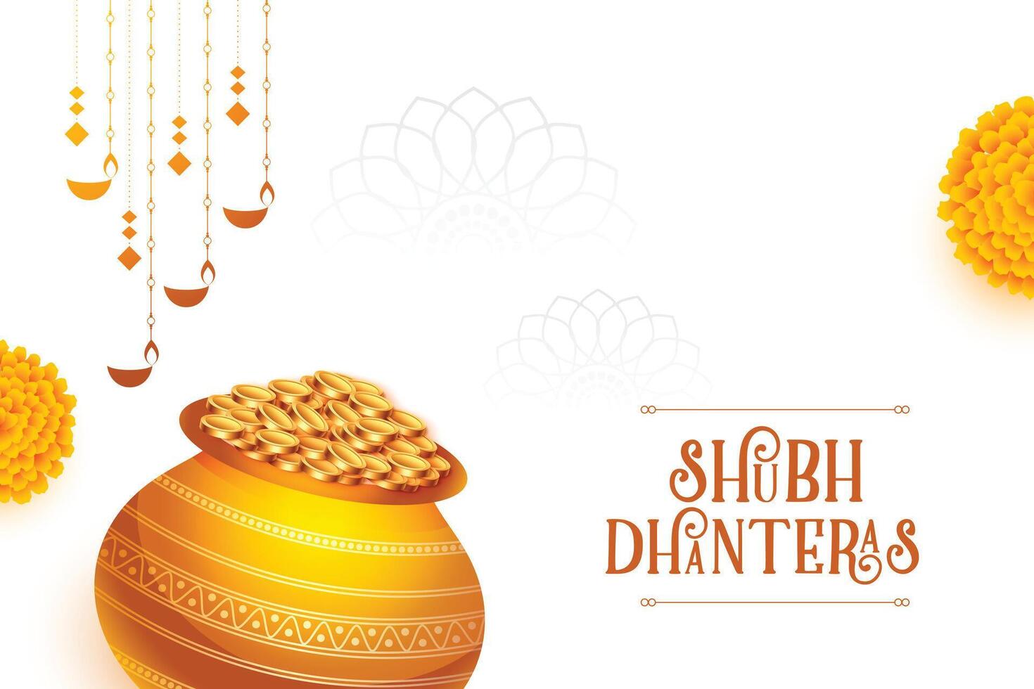 shubh Dhanteras festival antecedentes con dorado moneda kalasha y floral diseño vector