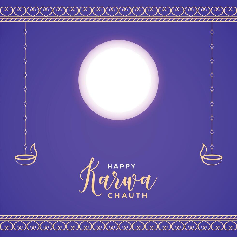 contento karwa chauth tarjeta con Luna y diya tradicional festival vector