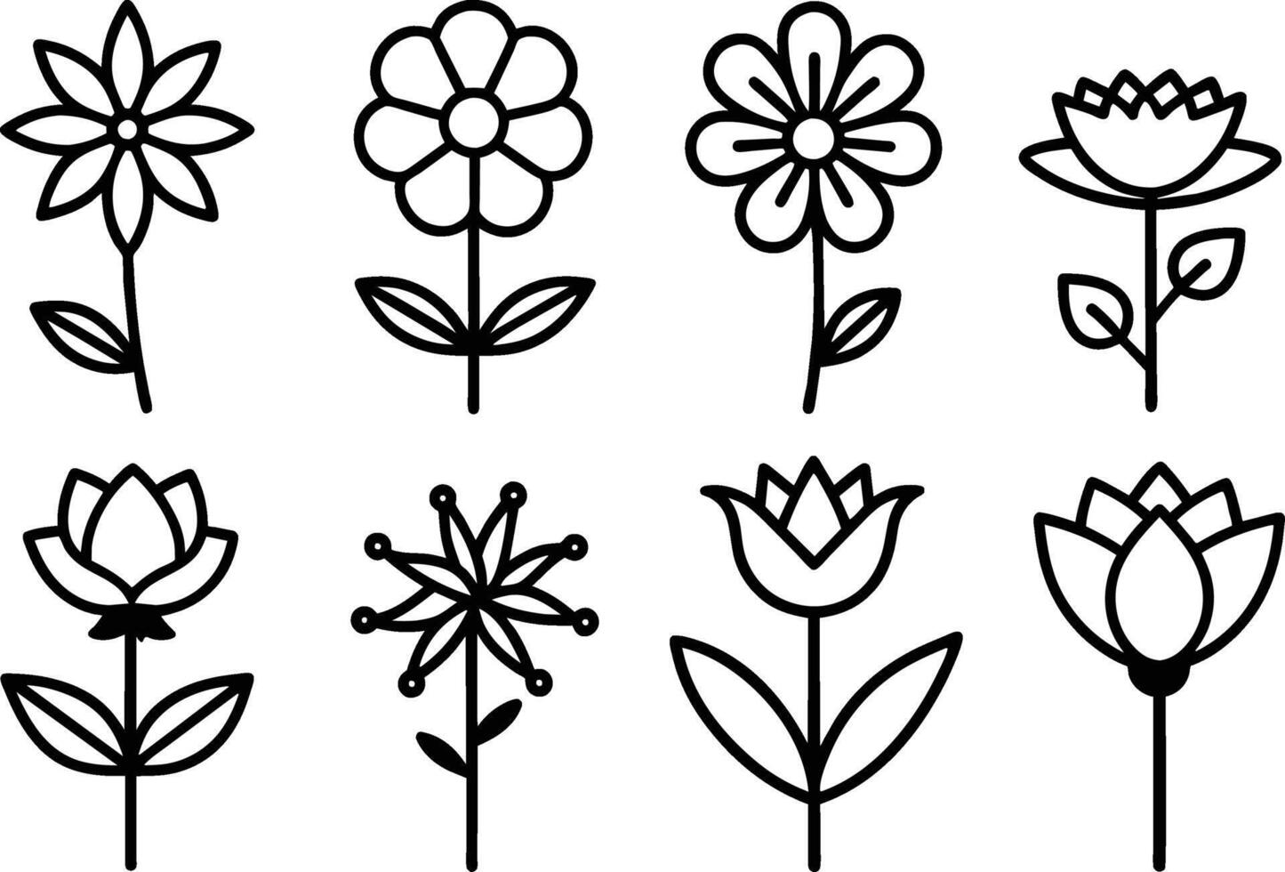 Set of black Simple Line Art of Flower Icons Collection on white background vector