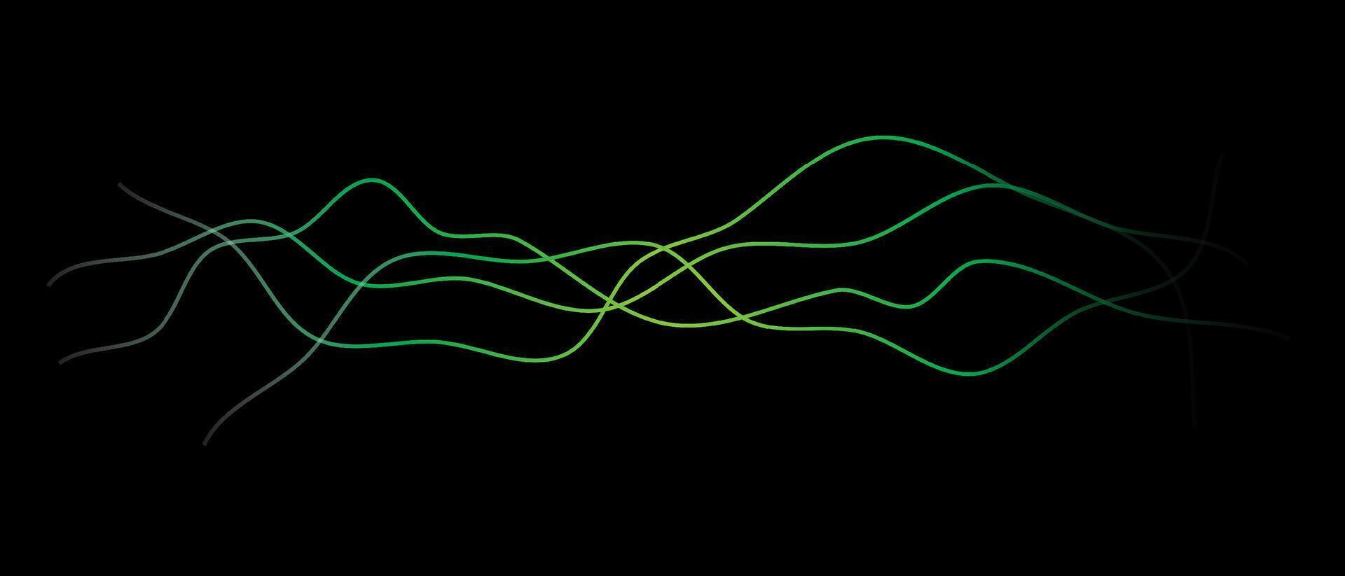 Abstract wavy dynamic blue green violet light lines curve banner on black background in concept technology, neural network, neurology, science, music, neon light vector