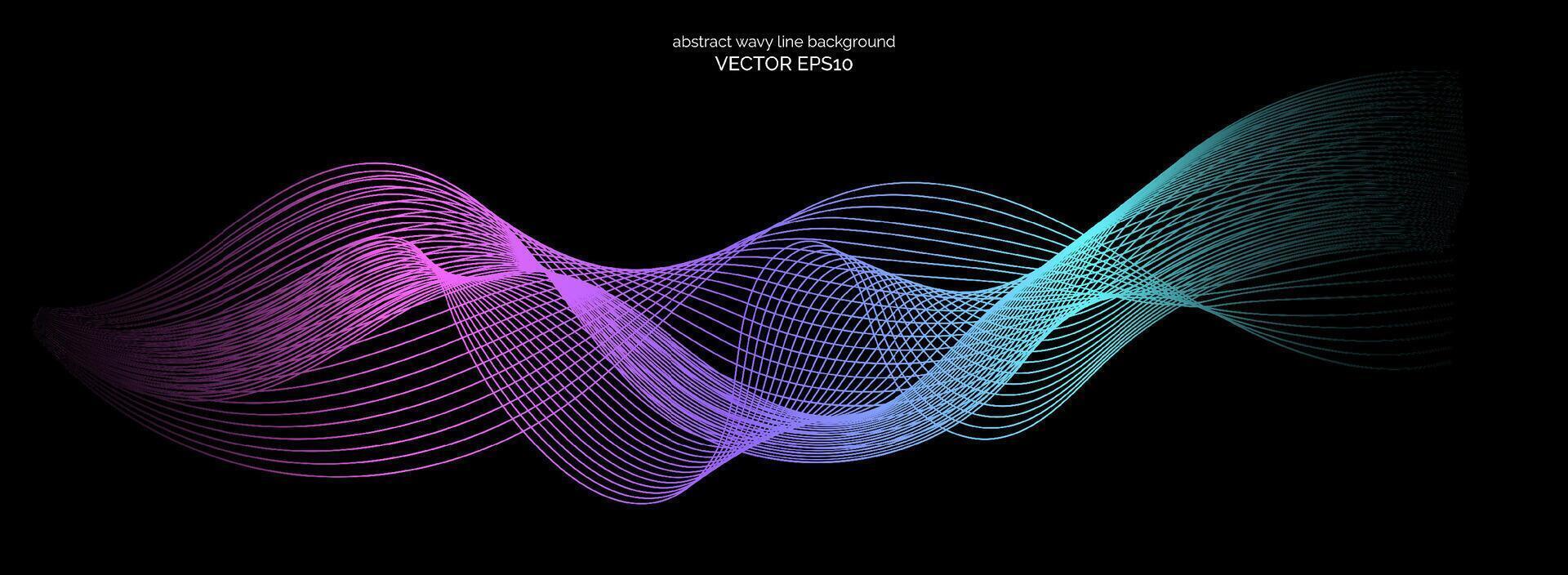 Abstract wavy dynamic blue green parple light lines curve banner on black background in concept technology, neural network, neurology, science, music, neon light. vector