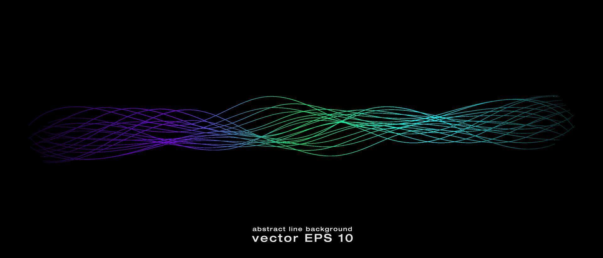 Abstract wavy dynamic blue green violet light lines curve banner on black background in concept technology, neural network, neurology, science, music, neon light vector